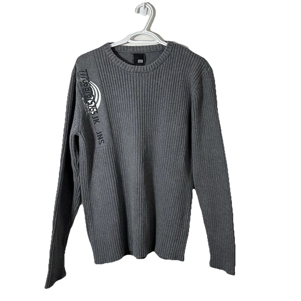 Jack & Jones Men Warm Chunky Graphic Sweater Logo Crewneck Long Sleeve Grey XL